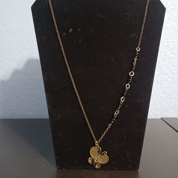 Bronze-Toned Asymmetrical Chain Necklace with Butterfly Pendant, 24" - Picture 1 of 4